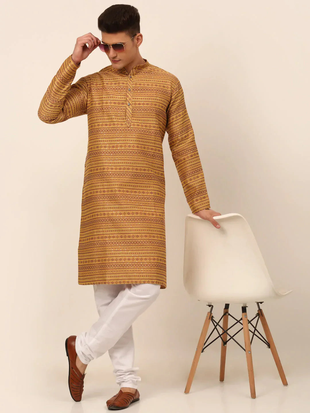 Jompers Men's Printed Sequinned Kurta with Churidar - Yellow