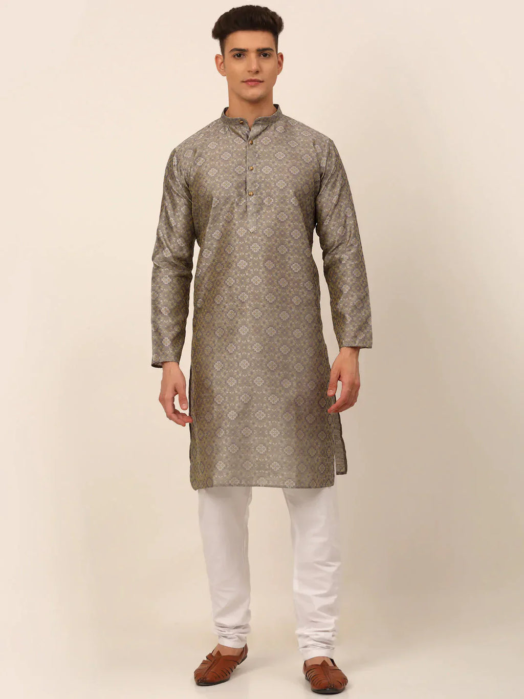 Jompers Men's Grey Floral Printed Kurta with Churidar