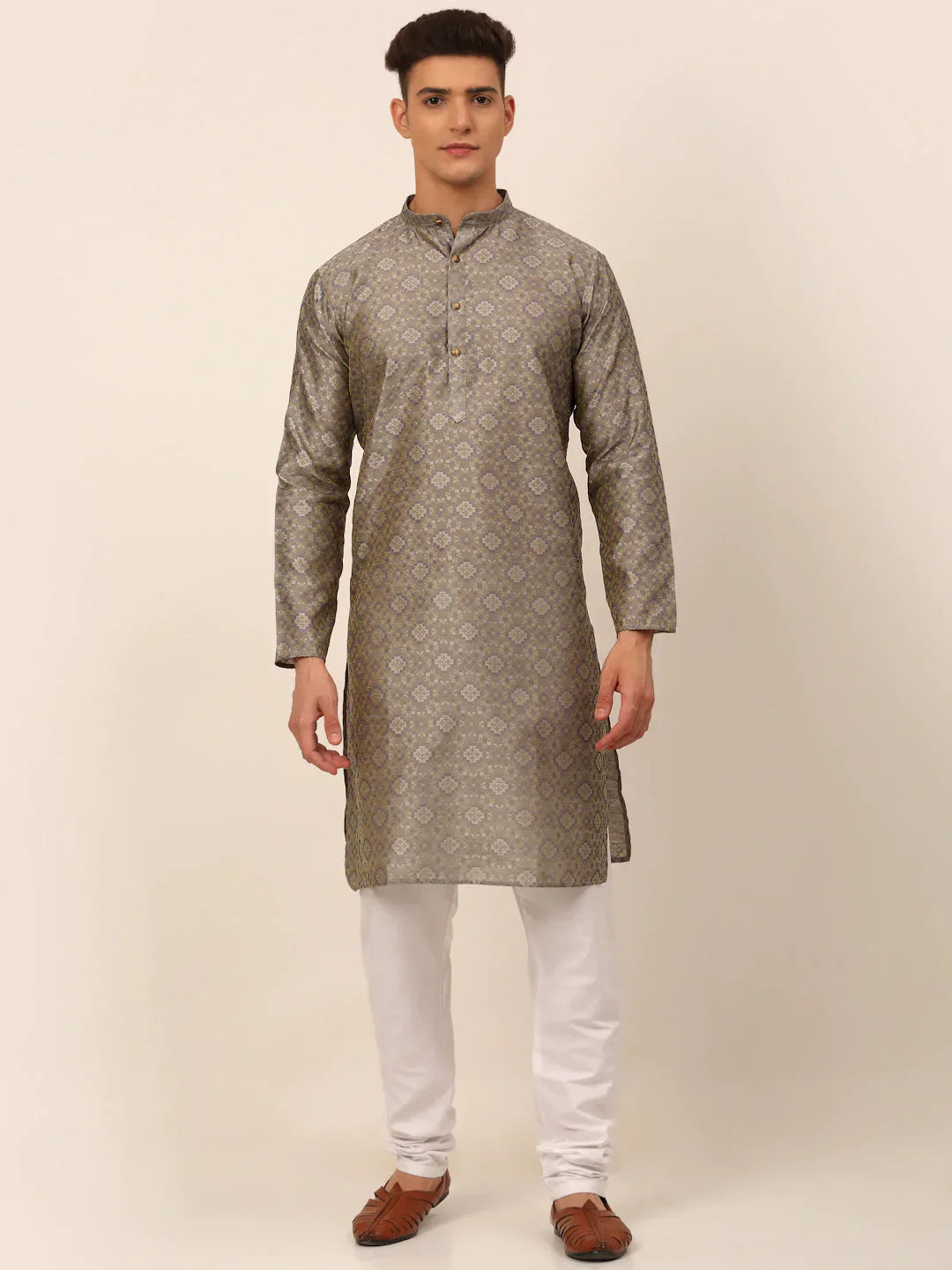 Jompers Men's Grey Floral Printed Kurta with Churidar