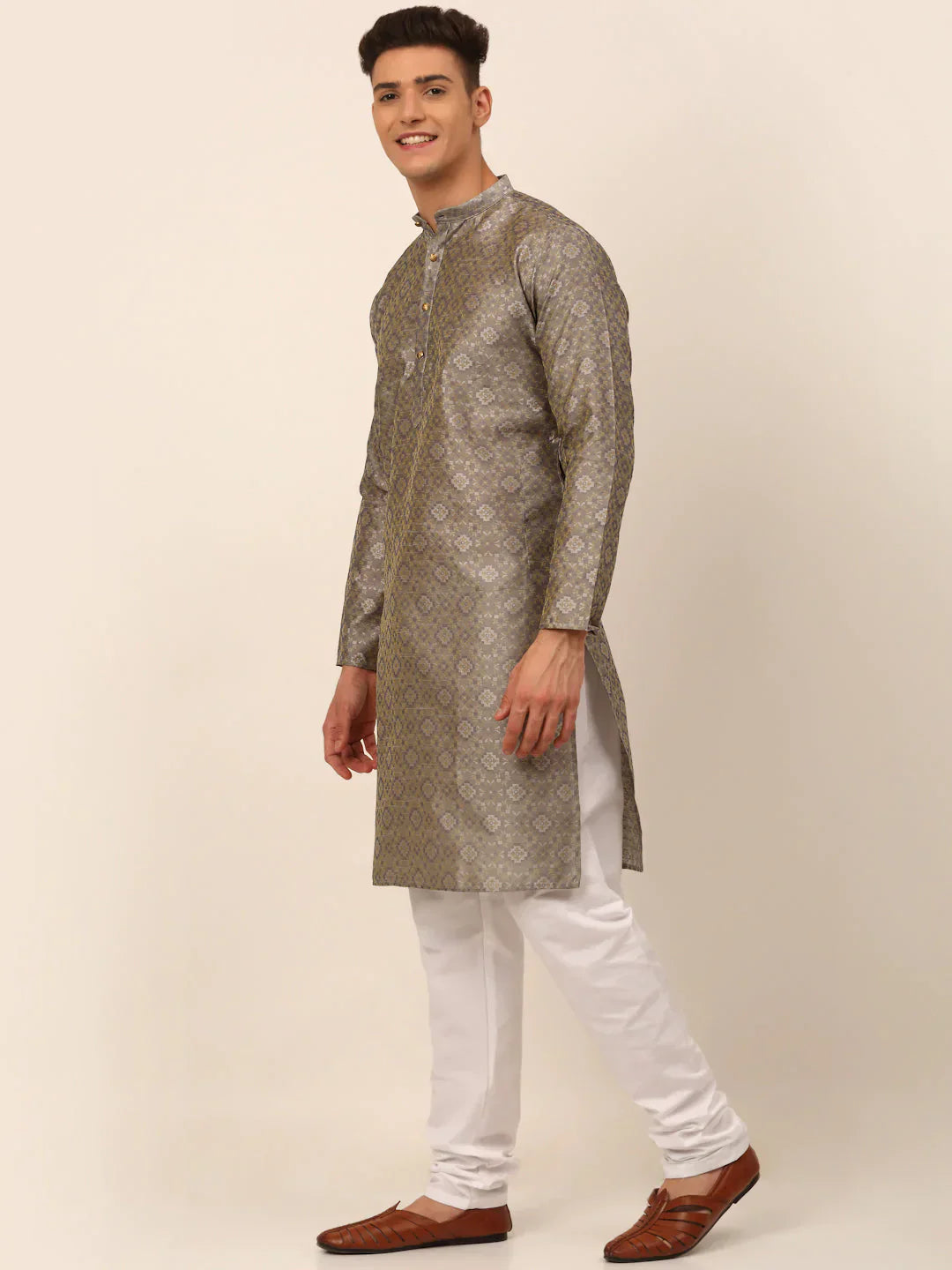 Jompers Men's Grey Floral Printed Kurta with Churidar