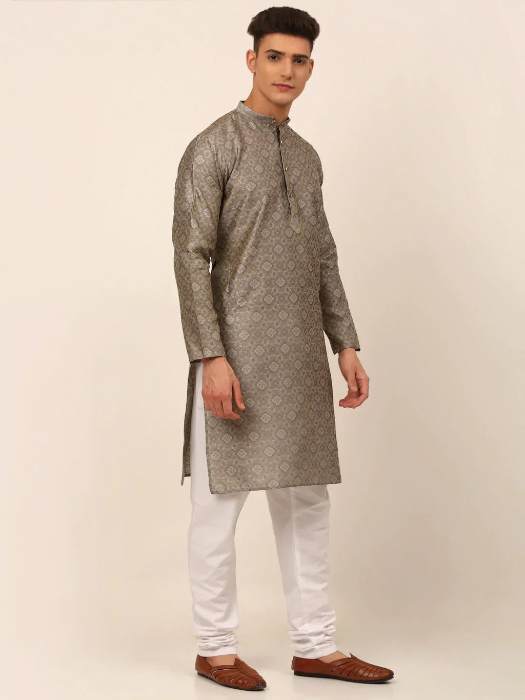 Jompers Men's Grey Floral Printed Kurta with Churidar