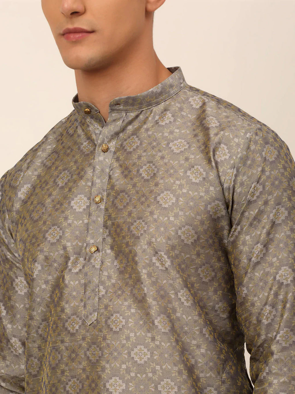 Jompers Men's Grey Floral Printed Kurta with Churidar
