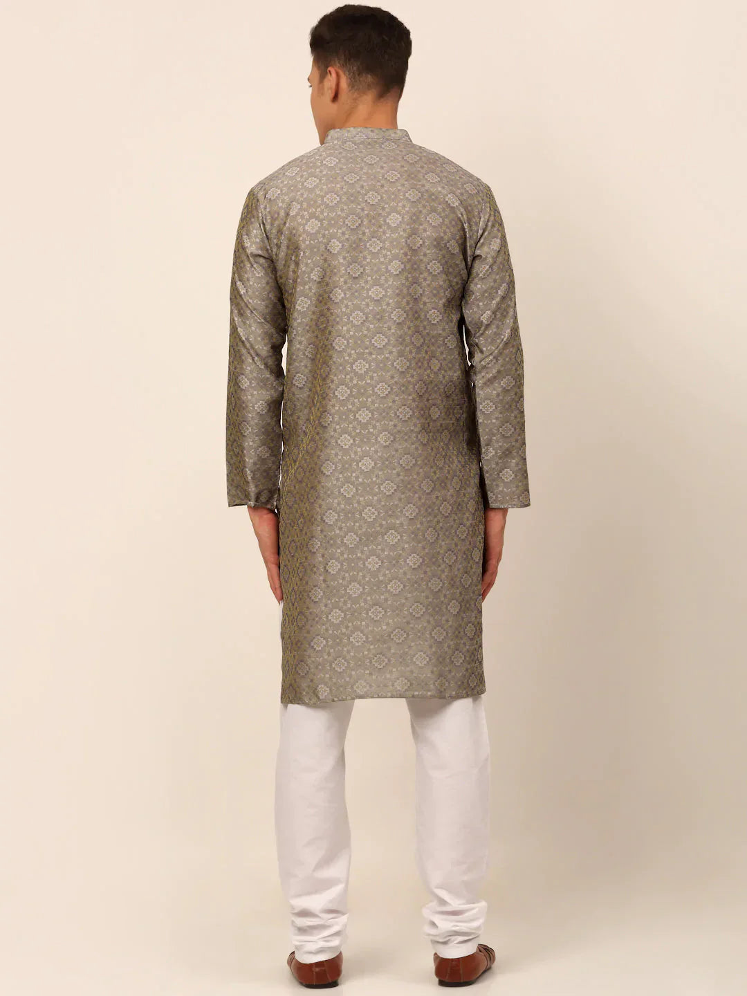 Jompers Men's Grey Floral Printed Kurta with Churidar