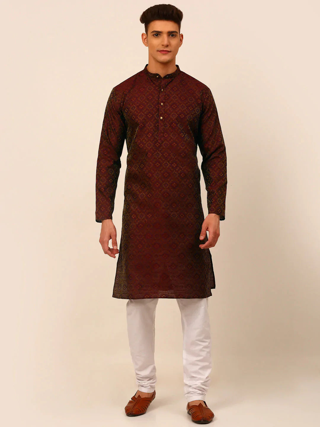 Jompers Men's Maroon Floral Printed Kurta with Churidar