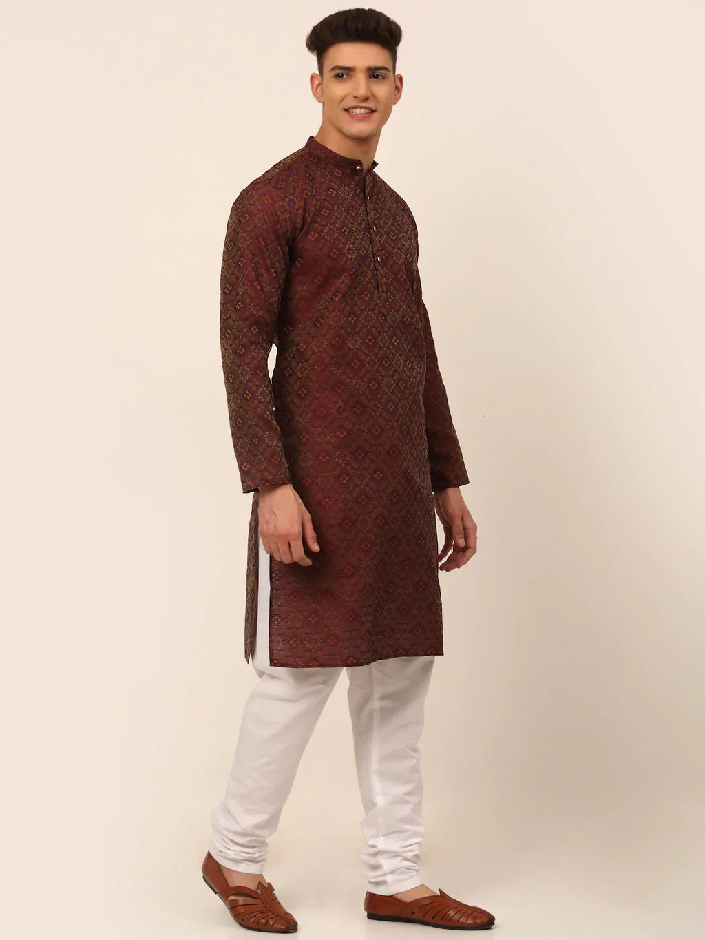 Jompers Men's Maroon Floral Printed Kurta with Churidar