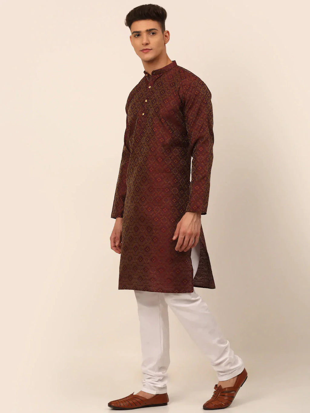 Jompers Men's Maroon Floral Printed Kurta with Churidar