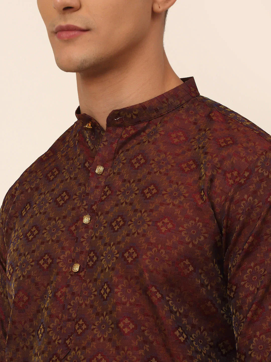 Jompers Men's Maroon Floral Printed Kurta with Churidar