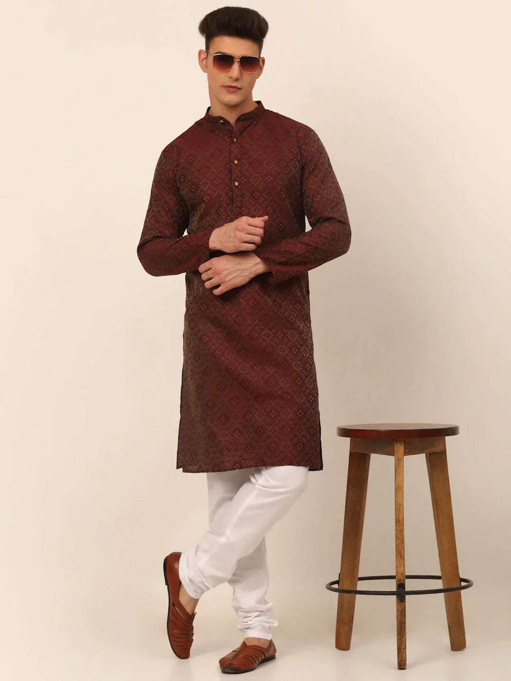 Jompers Men's Maroon Floral Printed Kurta with Churidar
