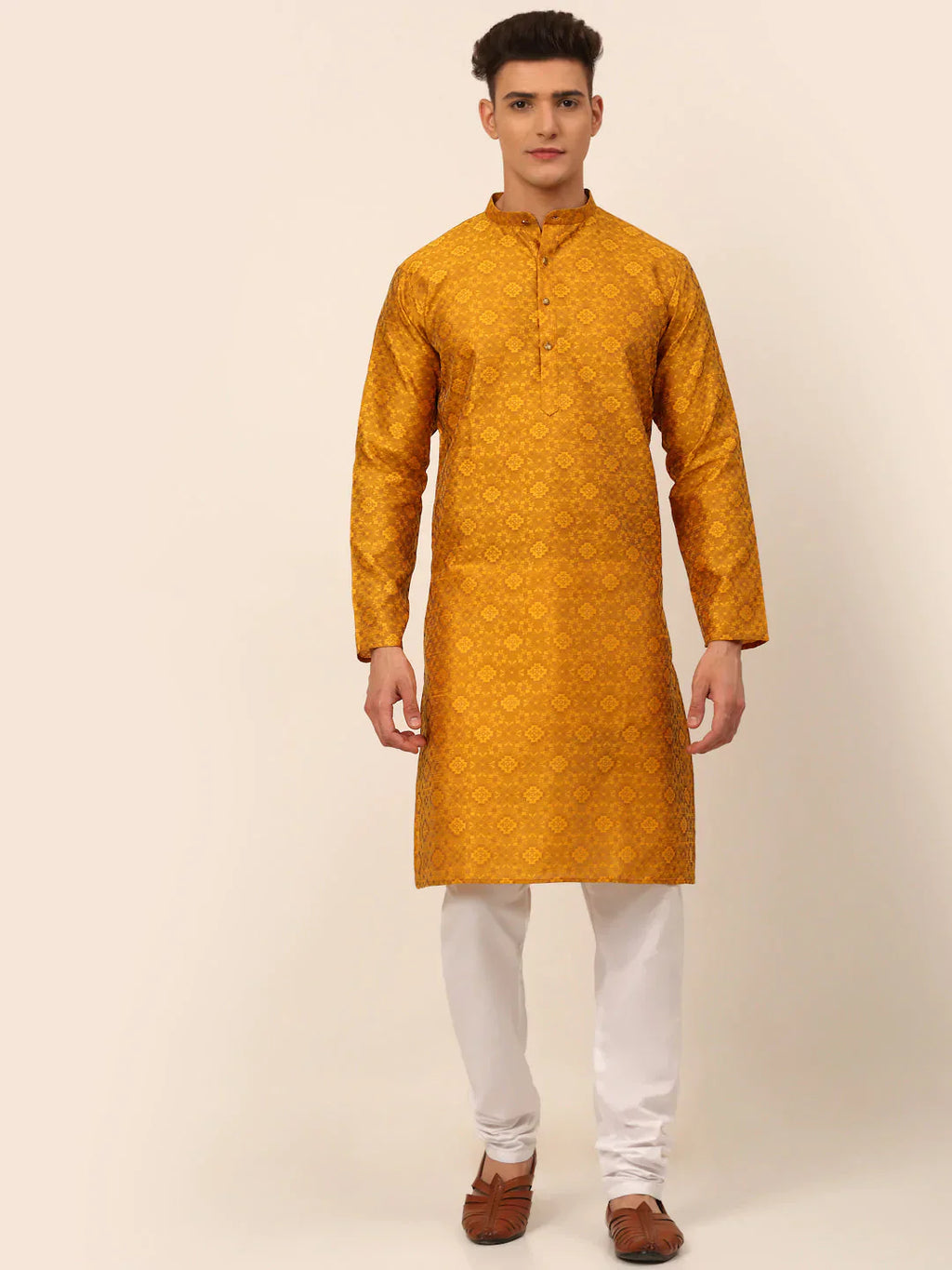 Jompers Men's Mustard Floral Printed Kurta with Churidar