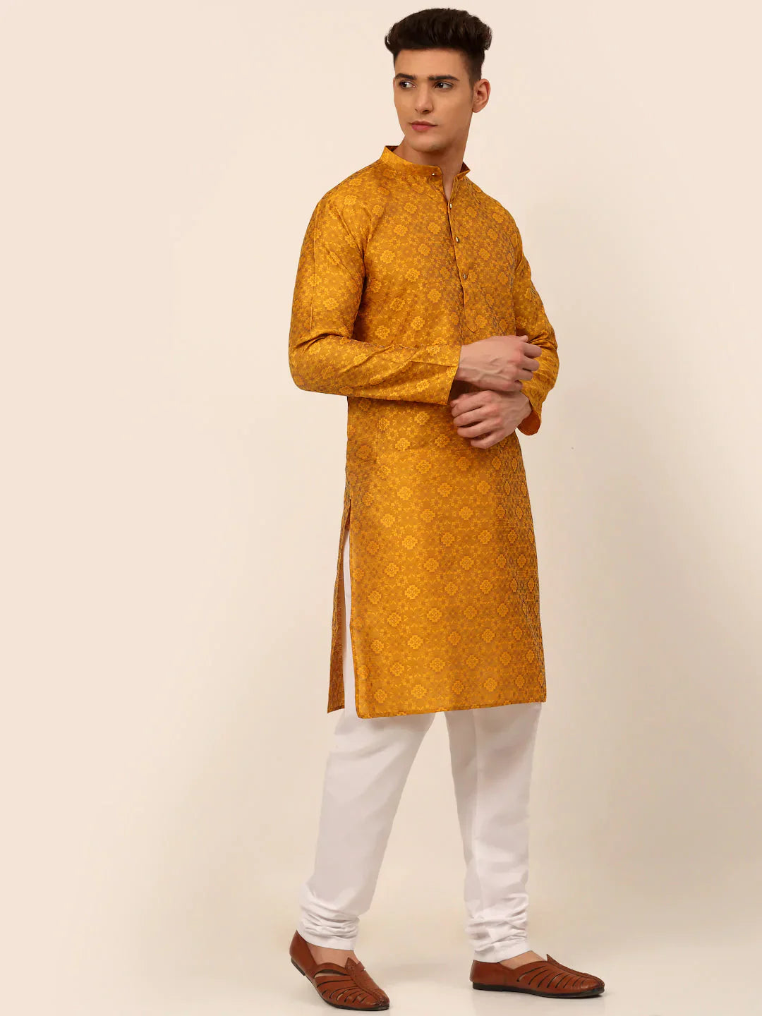 Jompers Men's Mustard Floral Printed Kurta with Churidar