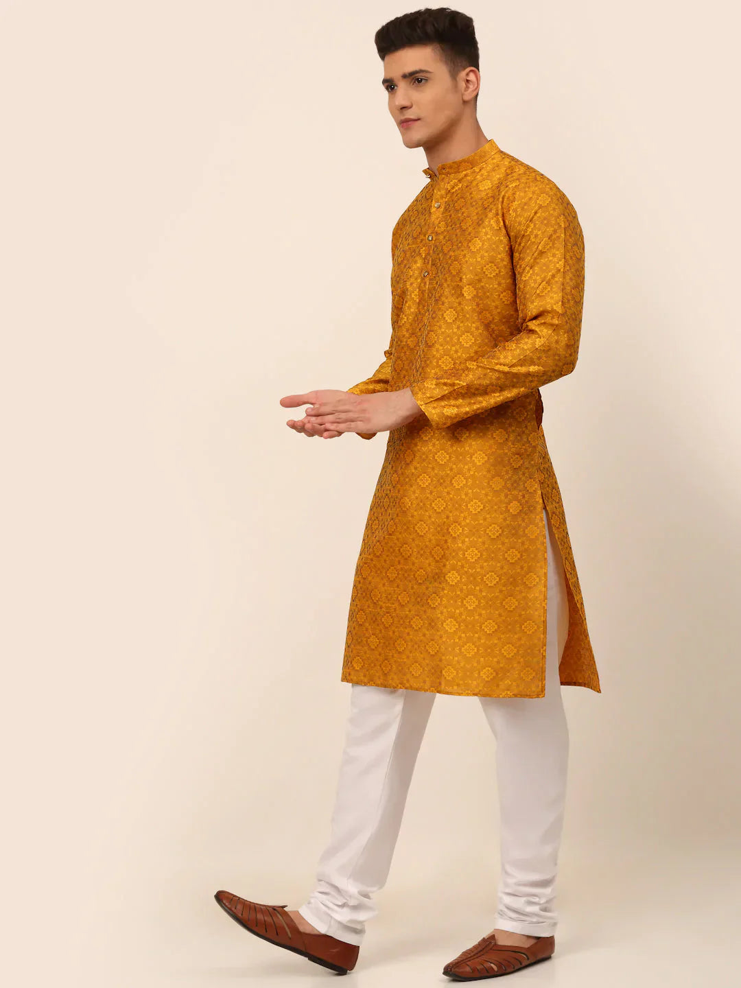 Jompers Men's Mustard Floral Printed Kurta with Churidar