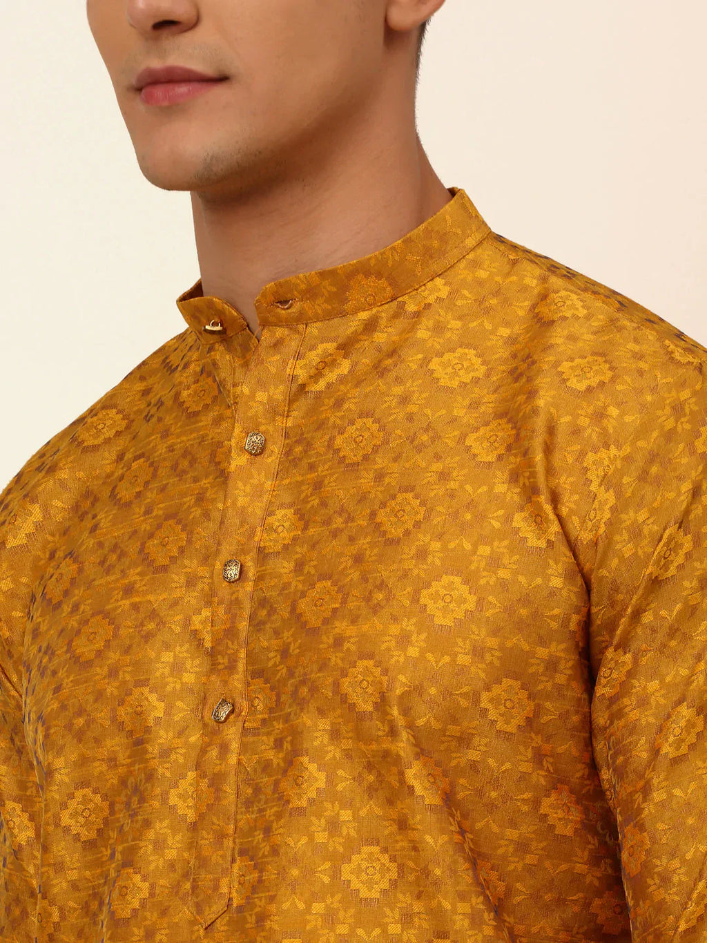 Jompers Men's Mustard Floral Printed Kurta with Churidar
