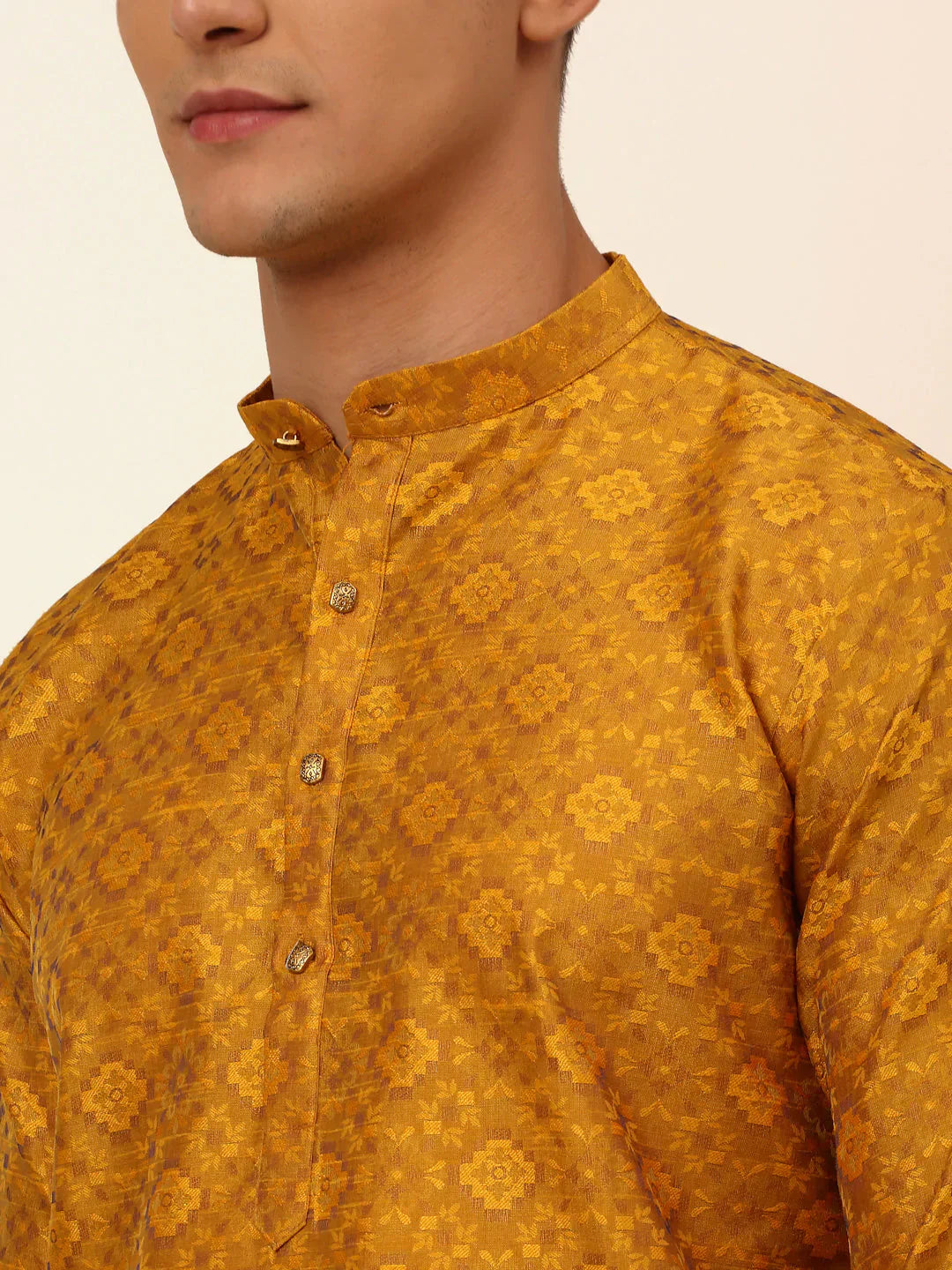 Jompers Men's Mustard Floral Printed Kurta with Churidar
