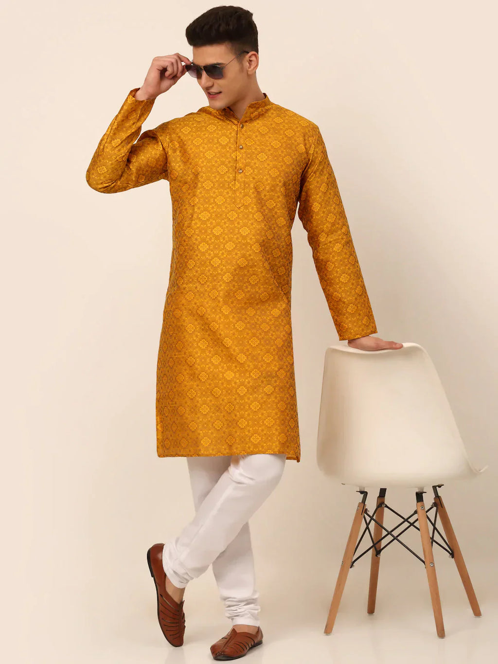 Jompers Men's Mustard Floral Printed Kurta with Churidar