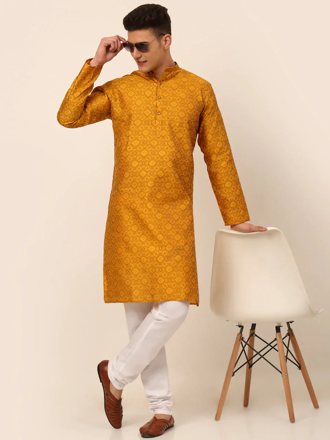 Jompers Men's Mustard Floral Printed Kurta with Churidar