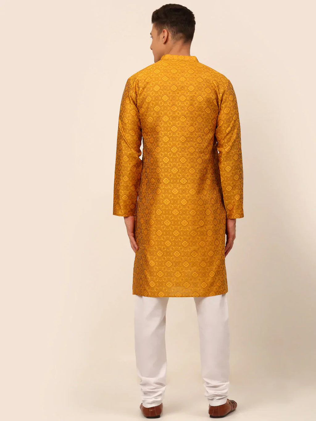 Jompers Men's Mustard Floral Printed Kurta with Churidar