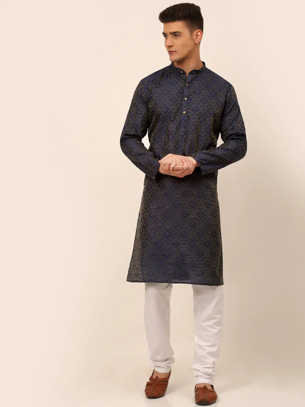 Jompers Men's Navy Blue Floral Printed Kurta with Churidar