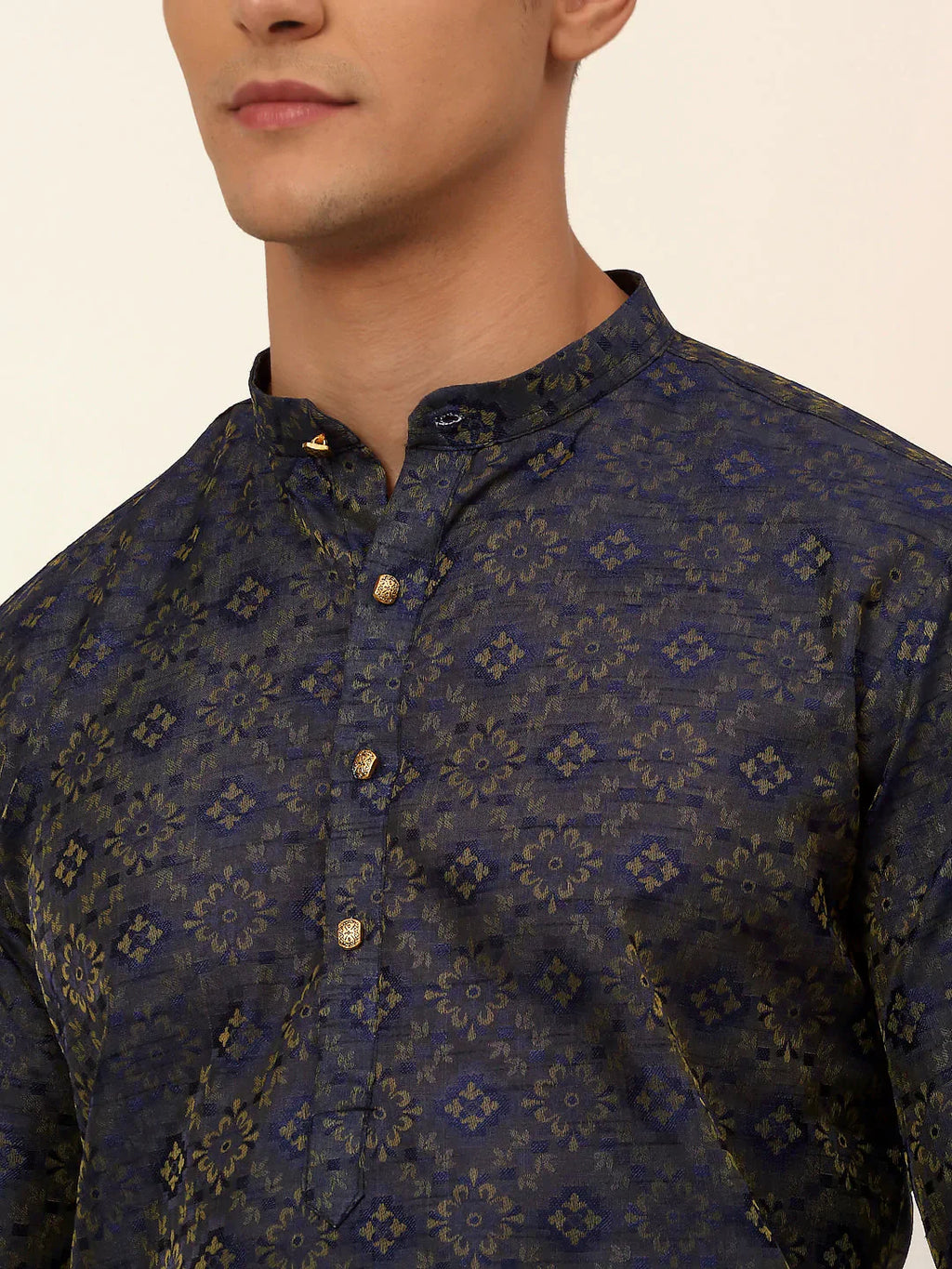 Jompers Men's Navy Blue Floral Printed Kurta with Churidar