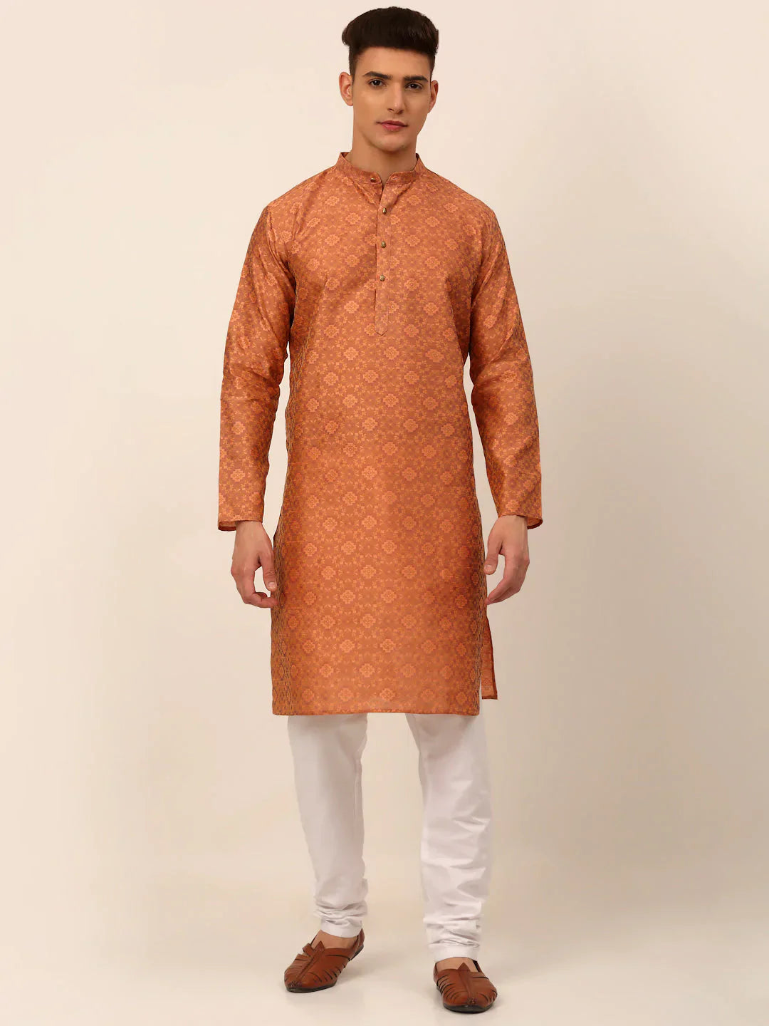 Jompers Men's Peach Floral Printed Kurta with Churidar