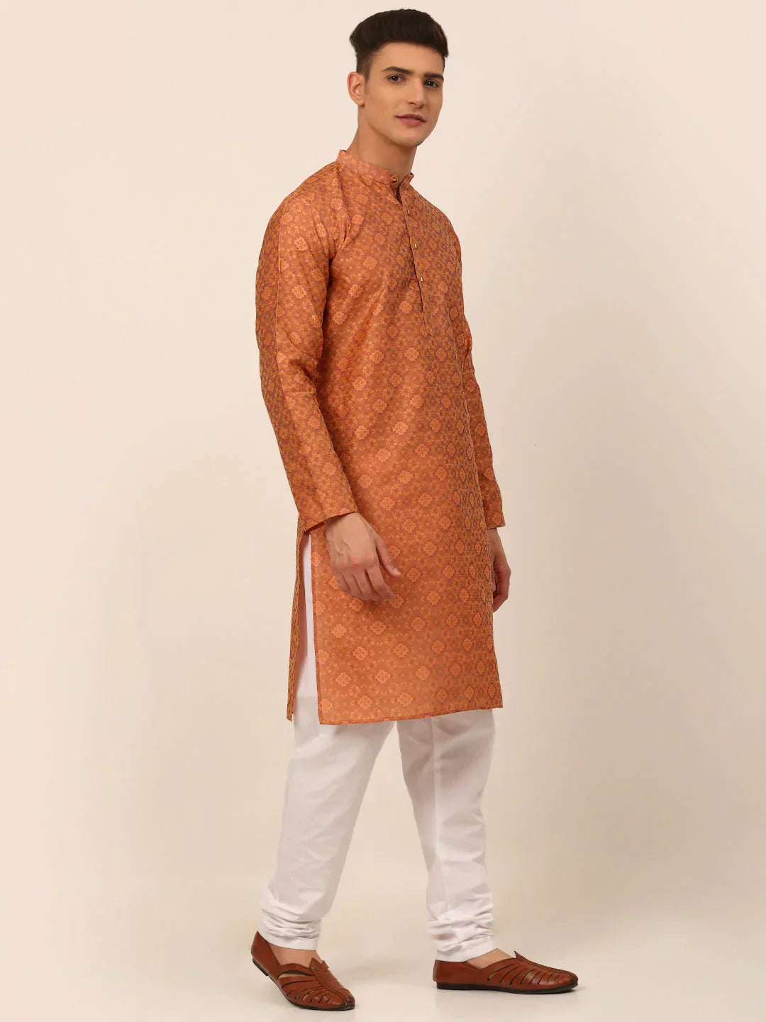 Jompers Men's Peach Floral Printed Kurta with Churidar