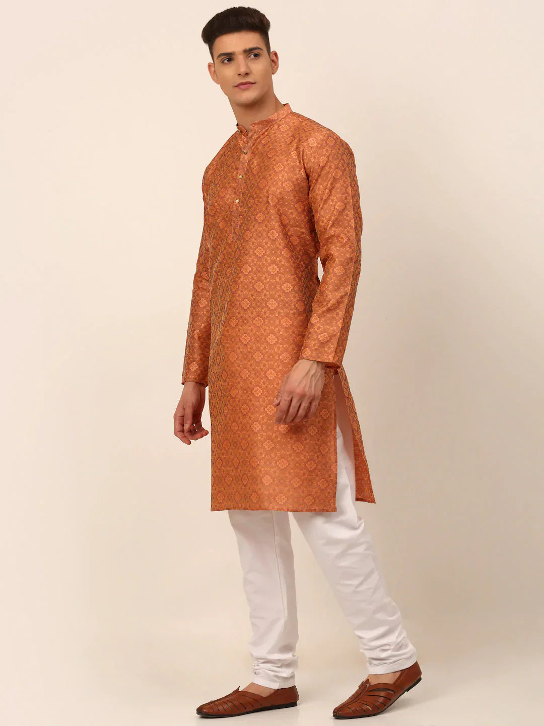 Jompers Men's Peach Floral Printed Kurta with Churidar
