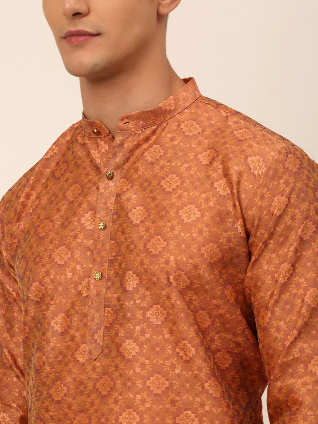 Jompers Men's Peach Floral Printed Kurta with Churidar