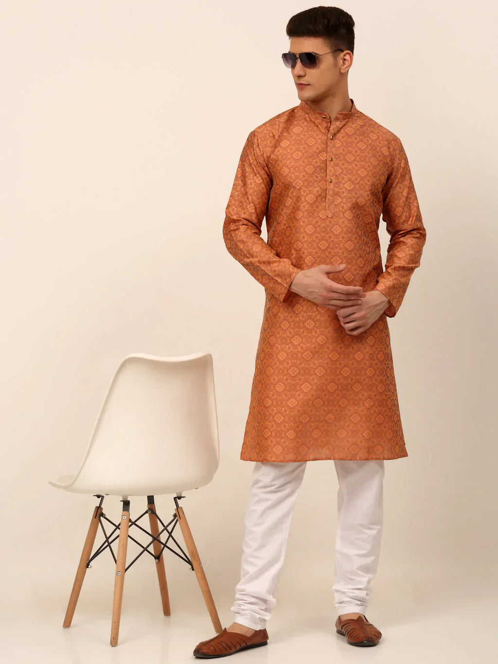 Jompers Men's Peach Floral Printed Kurta with Churidar