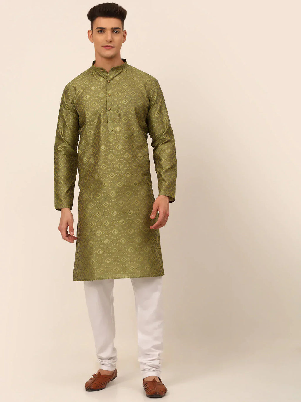 Jompers Men's Pista Green Floral Printed Kurta with Churidar