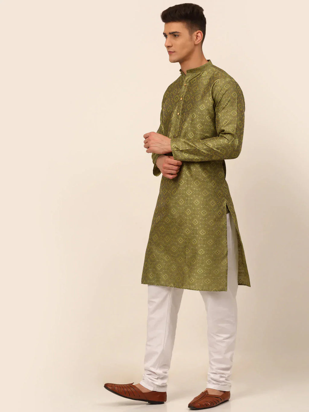 Jompers Men's Pista Green Floral Printed Kurta with Churidar