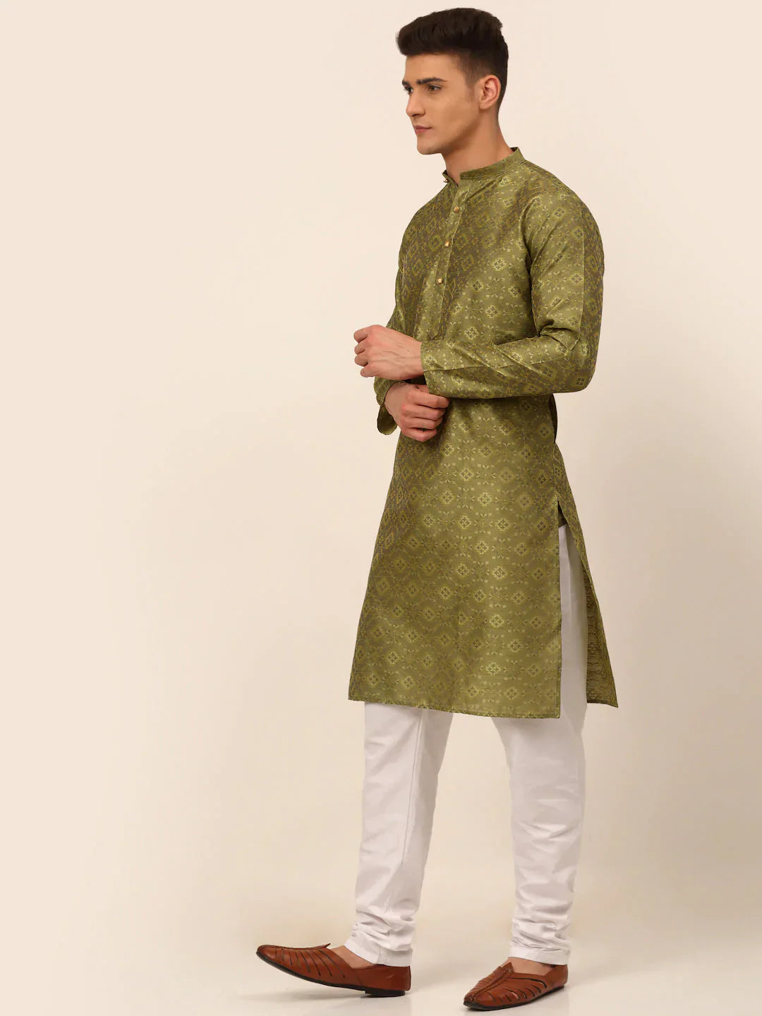 Jompers Men's Pista Green Floral Printed Kurta with Churidar