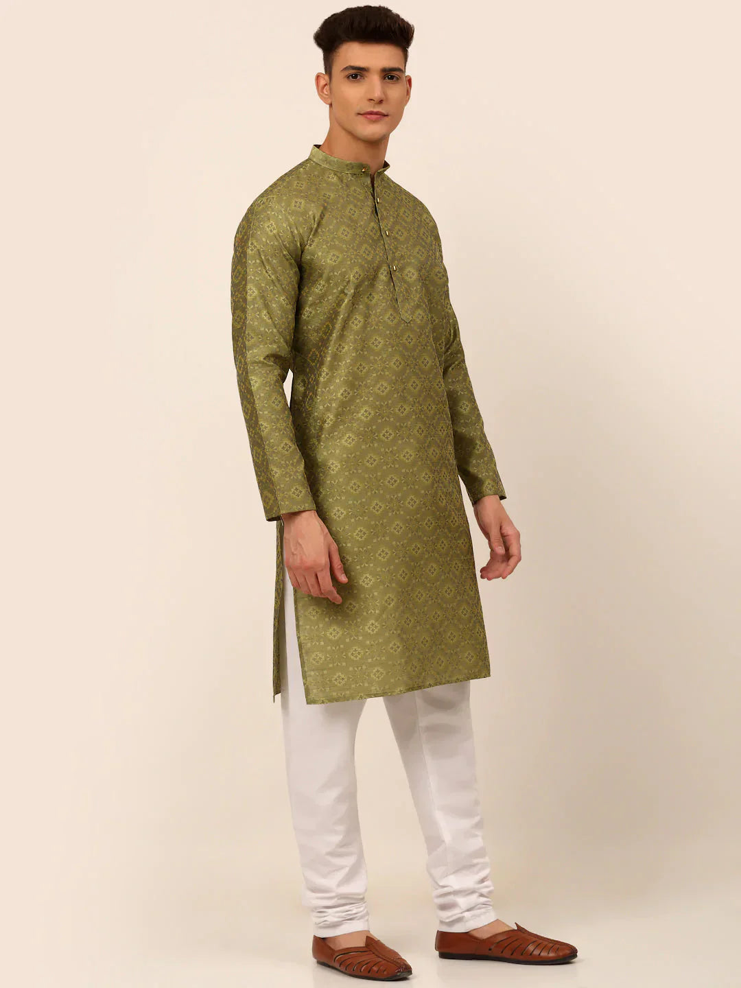 Jompers Men's Pista Green Floral Printed Kurta with Churidar