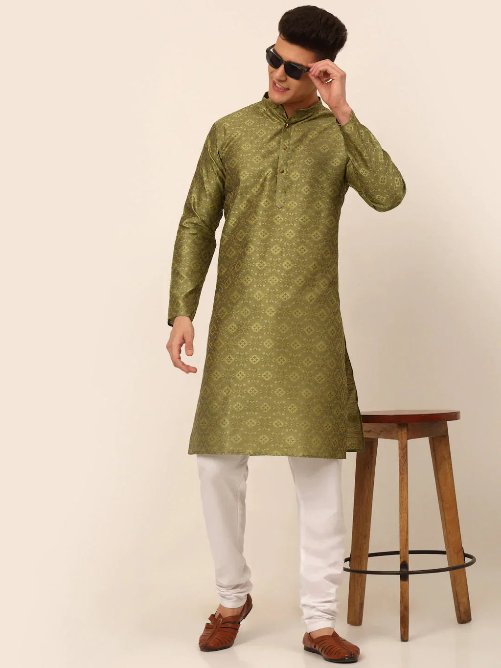 Jompers Men's Pista Green Floral Printed Kurta with Churidar