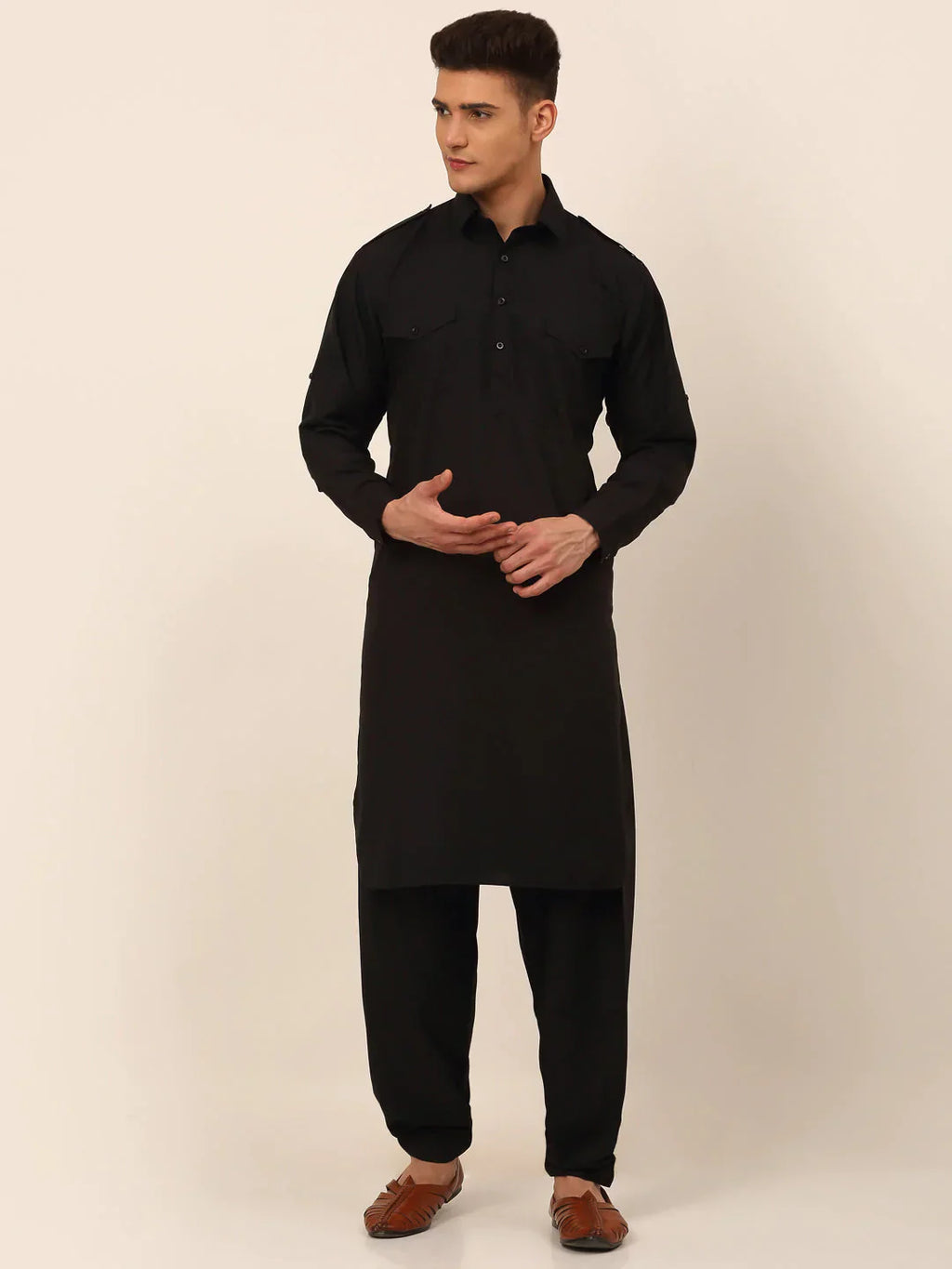 Jompers Men's Black Cotton Solid Pathani Kurta with Salwar
