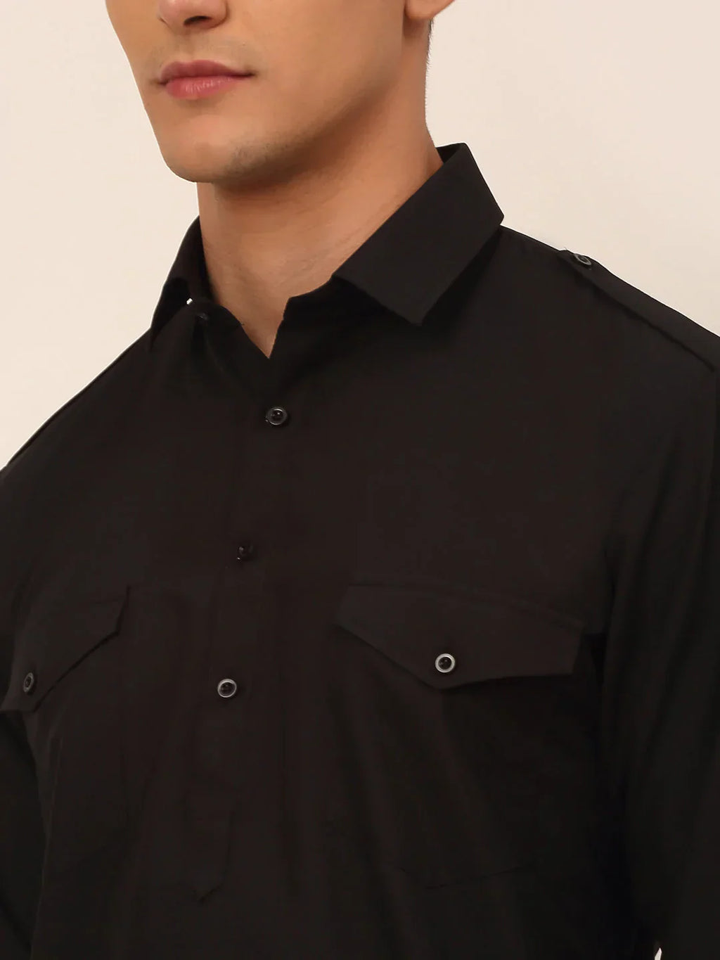 Jompers Men's Black Cotton Solid Pathani Kurta with Salwar