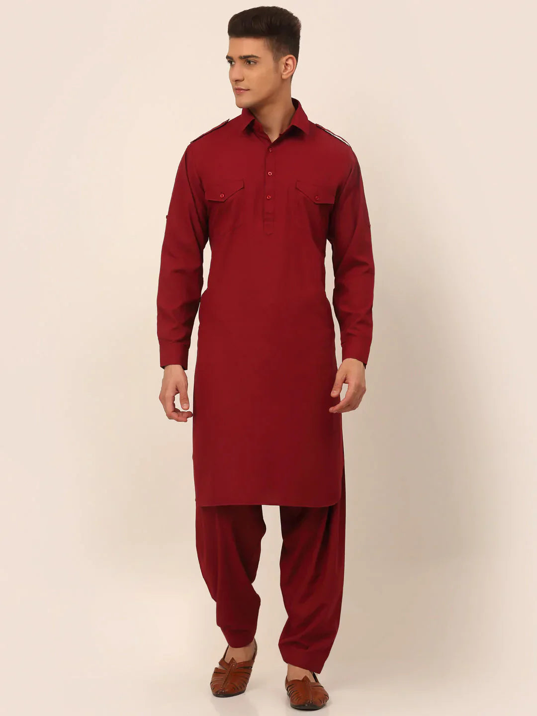 Jompers Men's Maroon Cotton Solid Pathani Kurta with Salwar