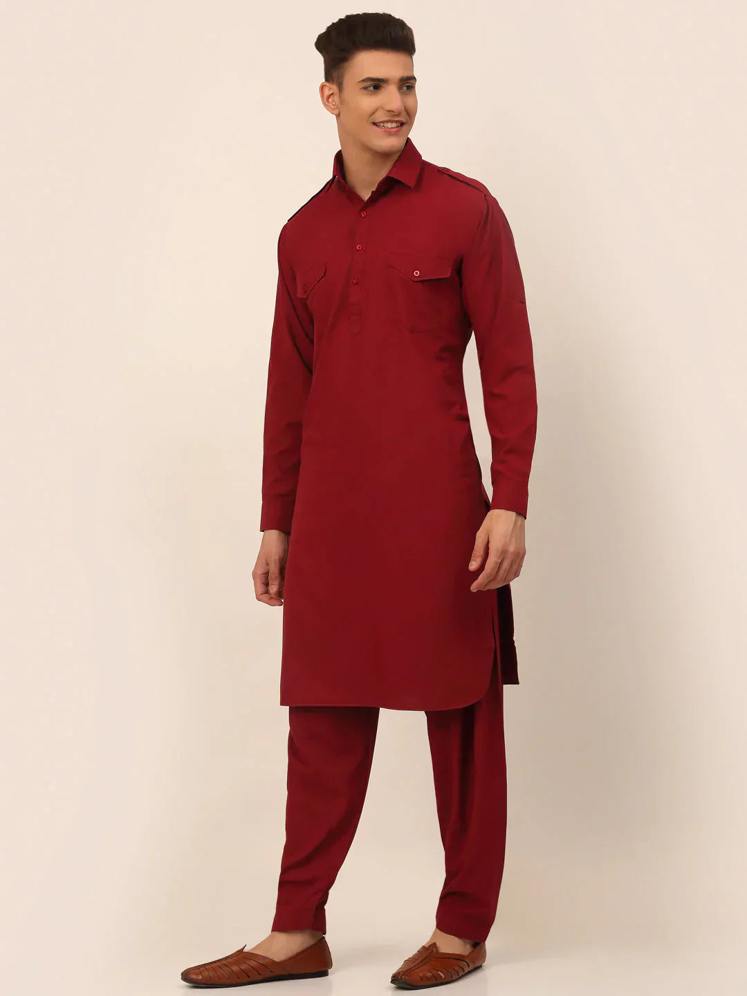 Jompers Men's Maroon Cotton Solid Pathani Kurta with Salwar
