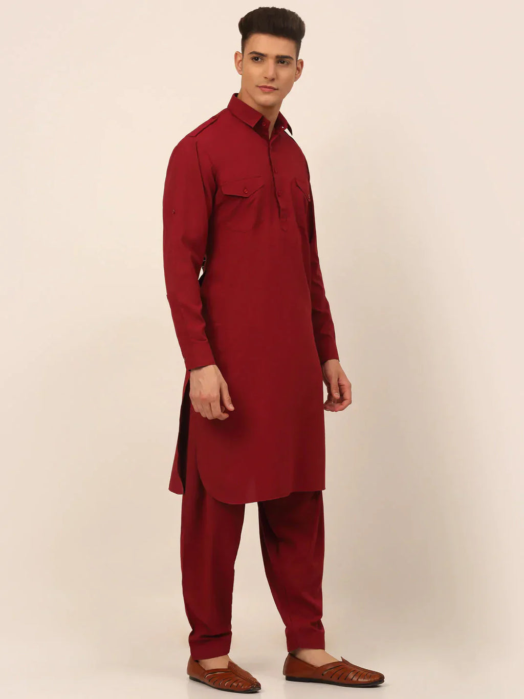 Jompers Men's Maroon Cotton Solid Pathani Kurta with Salwar