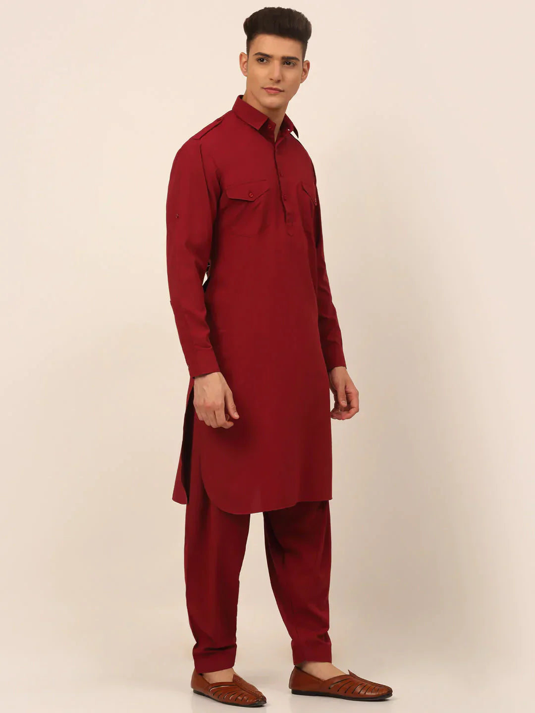 Jompers Men's Maroon Cotton Solid Pathani Kurta with Salwar