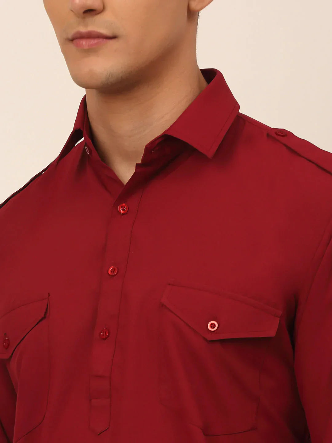 Jompers Men's Maroon Cotton Solid Pathani Kurta with Salwar