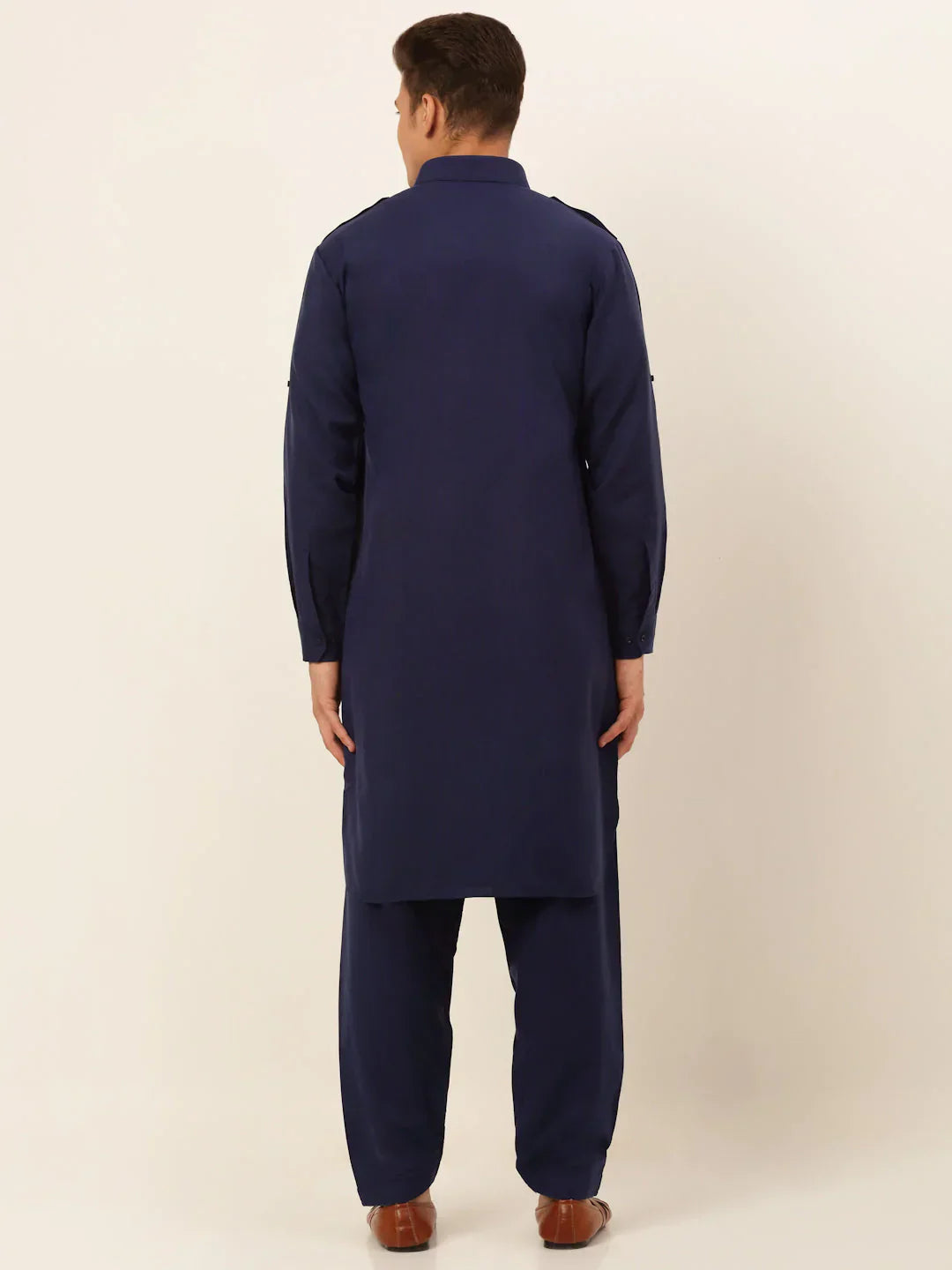 Jompers Men's Navy Cotton Solid Pathani Kurta with Salwar