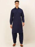 Jompers Men's Navy Cotton Solid Pathani Kurta with Salwar