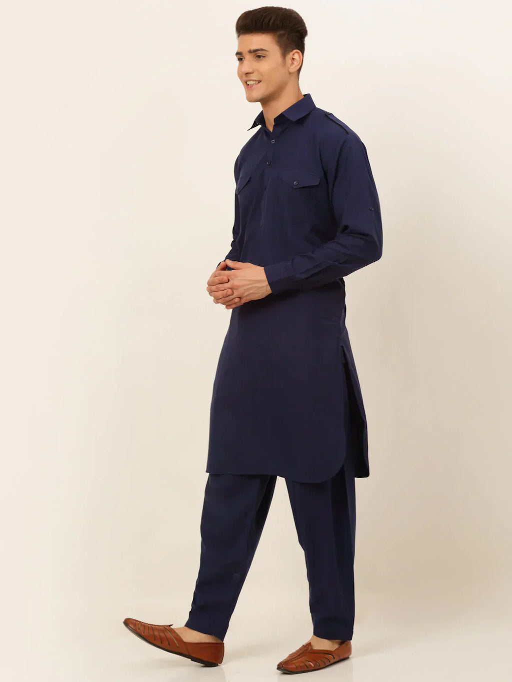 Jompers Men's Navy Cotton Solid Pathani Kurta with Salwar