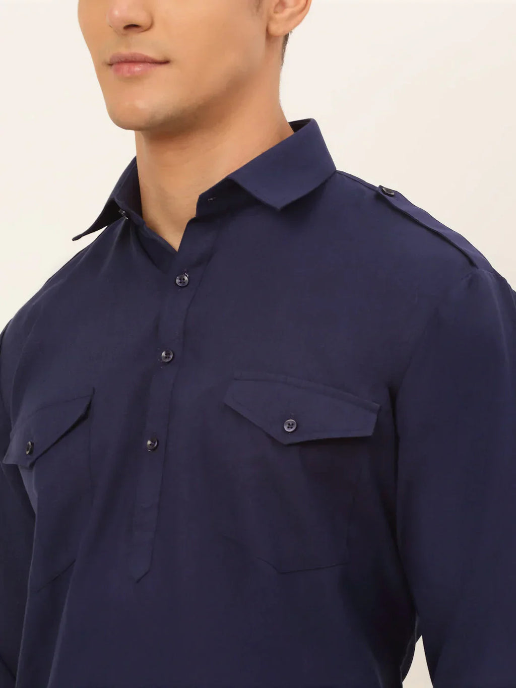 Jompers Men's Navy Cotton Solid Pathani Kurta with Salwar