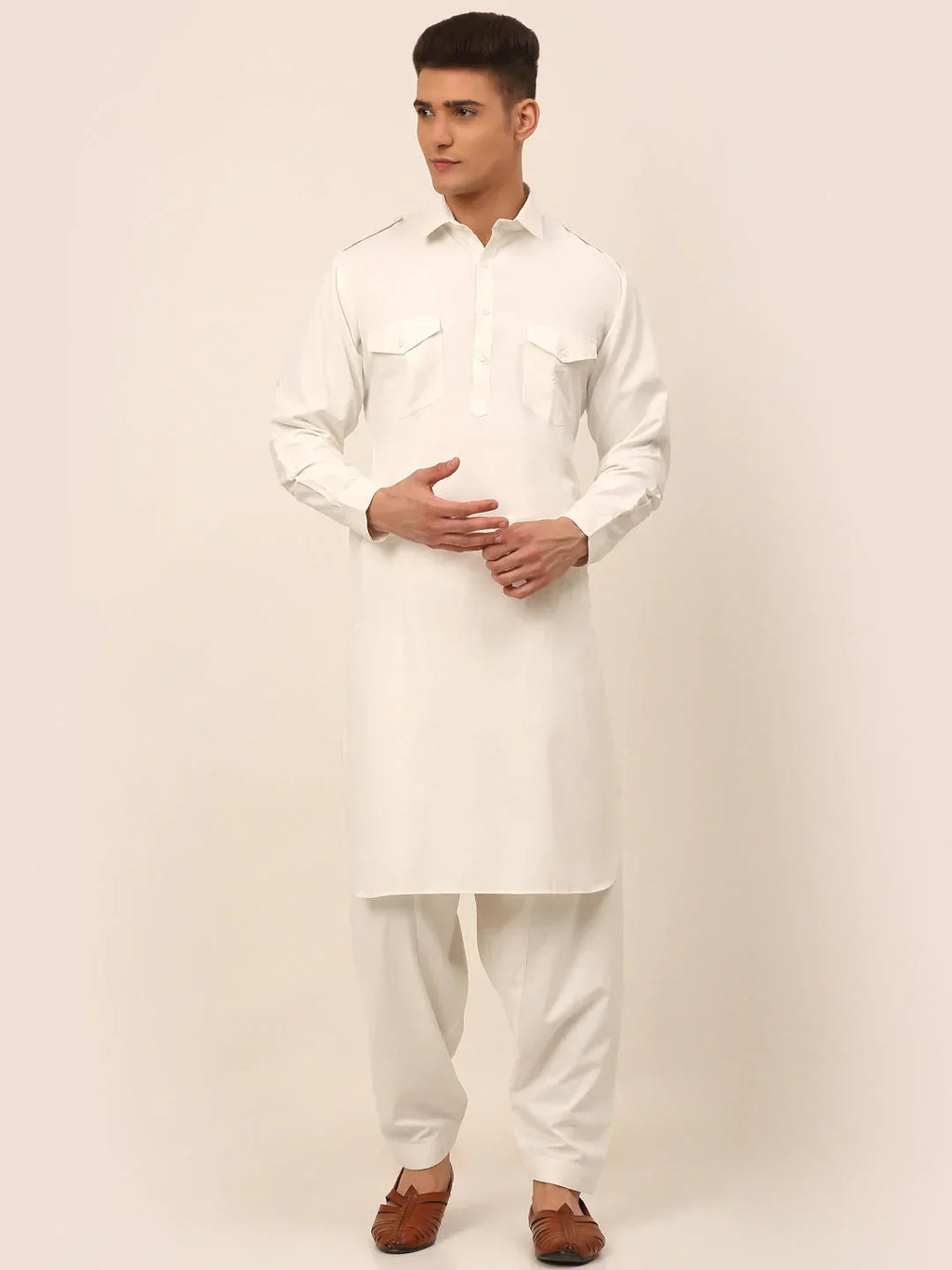 Jompers Men's White Cotton Solid Pathani Kurta with Salwar