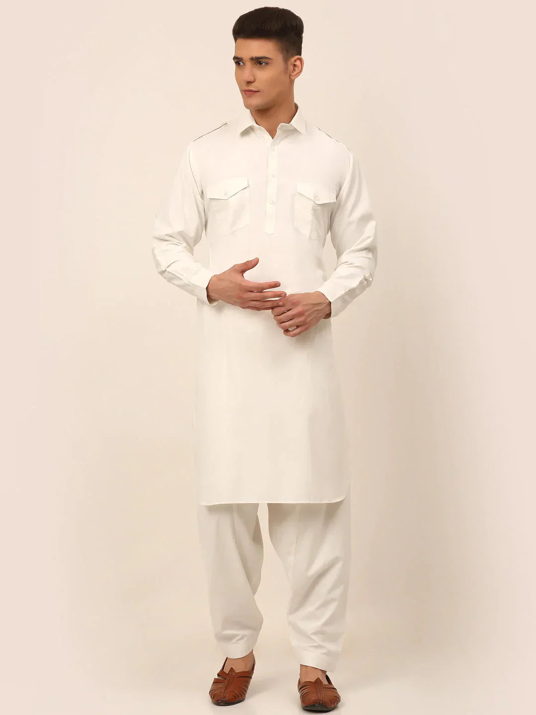 Jompers Men's White Cotton Solid Pathani Kurta with Salwar