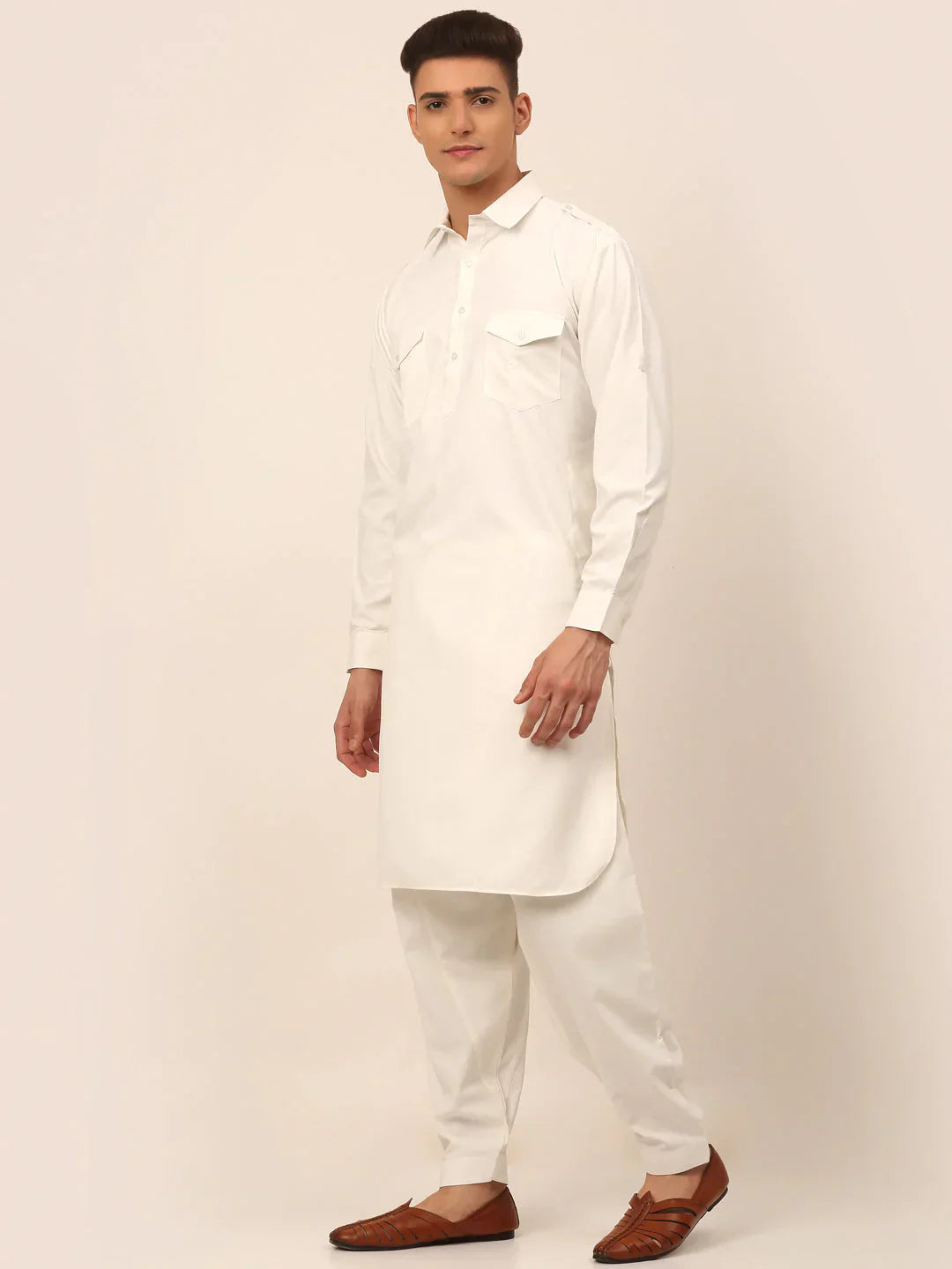 Jompers Men's White Cotton Solid Pathani Kurta with Salwar