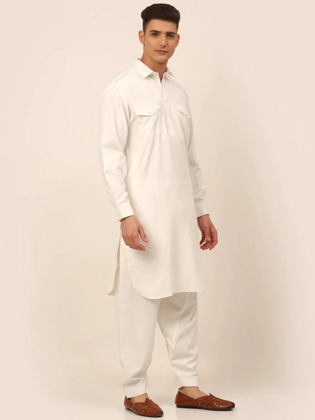 Jompers Men's White Cotton Solid Pathani Kurta with Salwar