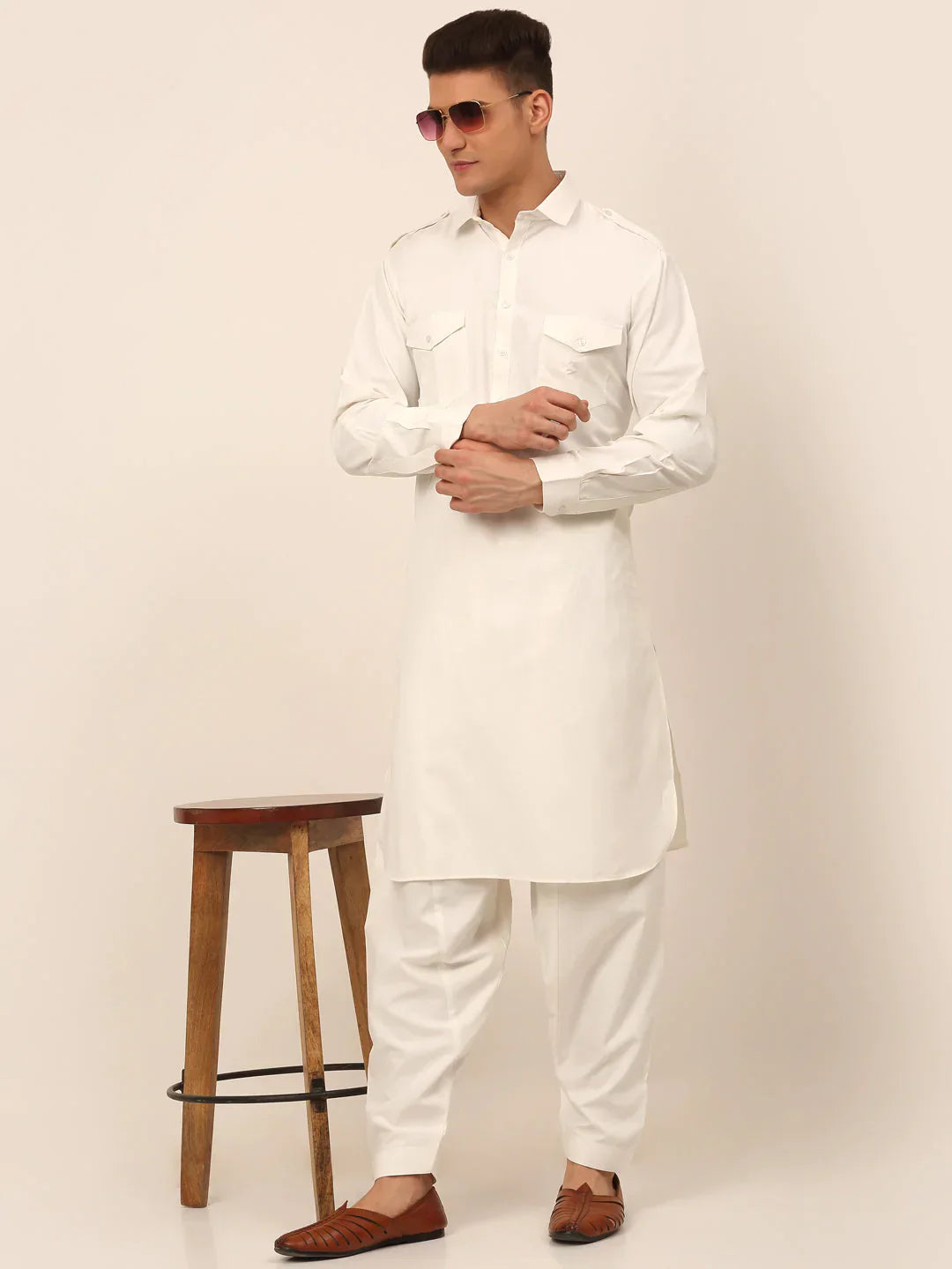 Jompers Men's White Cotton Solid Pathani Kurta with Salwar