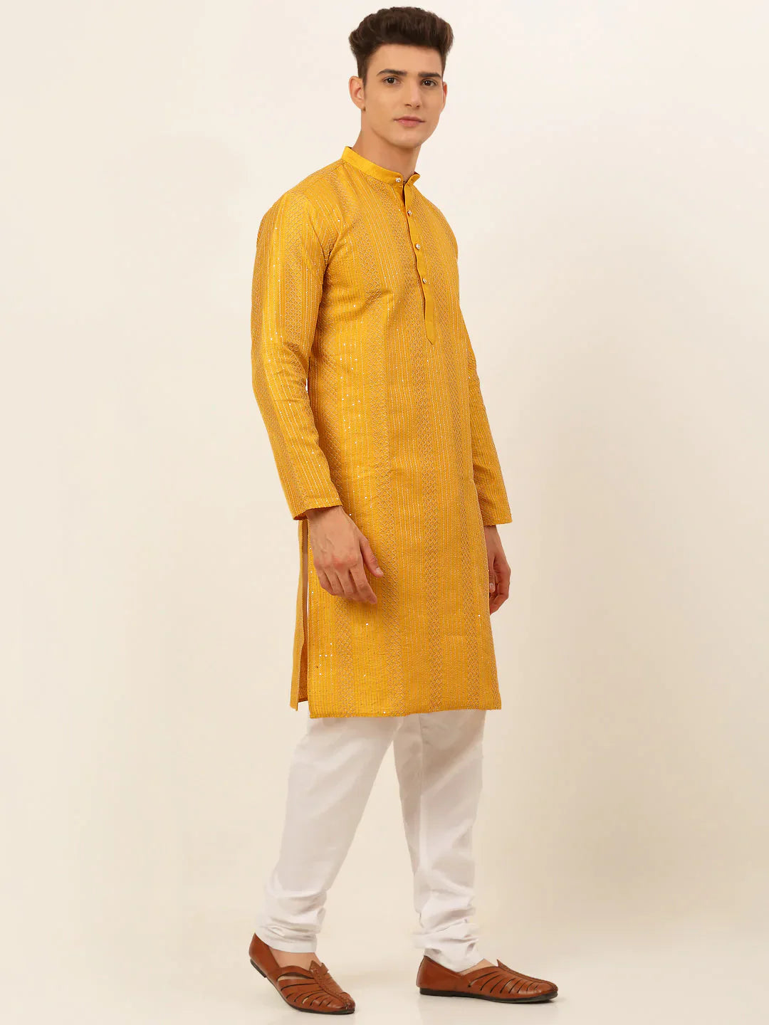 Jompers Men's Mustard Embroiderd Kurta Pajama