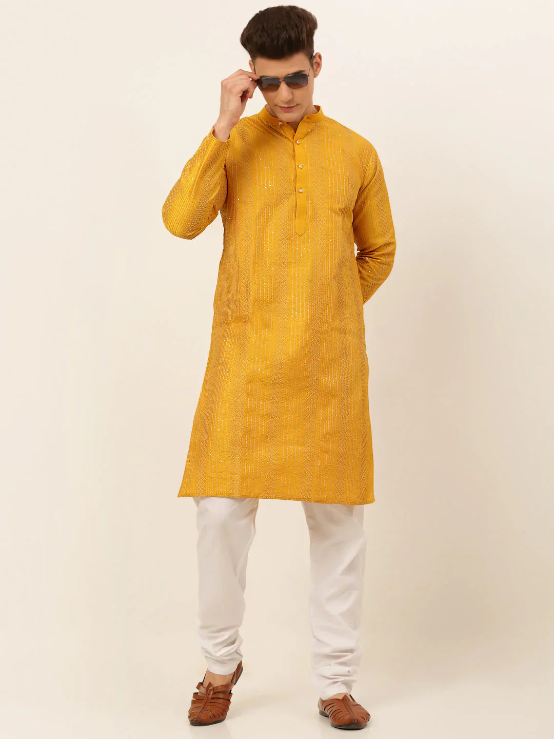 Jompers Men's Mustard Embroiderd Kurta Pajama